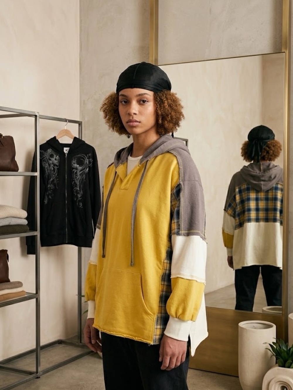 Blue Velvet Colorblock Plaid Hoodie Sweatshirt in Mustard Yellow